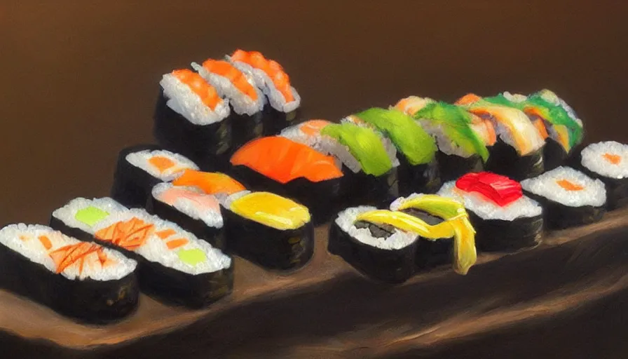 Prompt: sushi, oil painting by jama jurabaev, brush hard, artstation, for aaa game, high quality, brush stroke