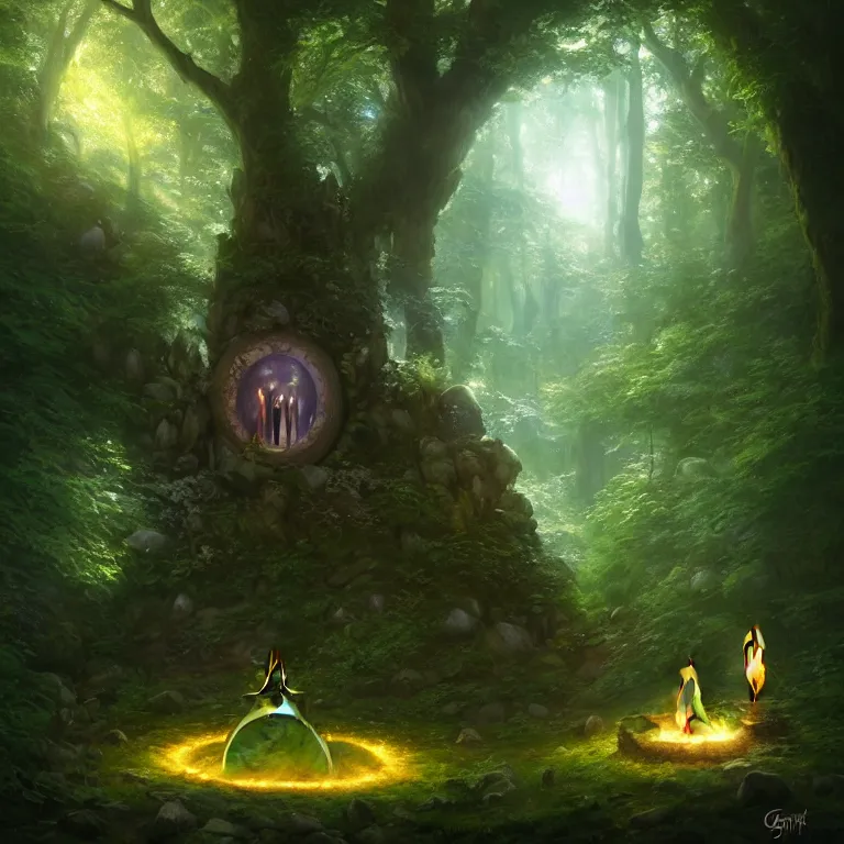 Image similar to Fantasy Magical fairy-tale glowing stone portal in the forest. Round stone portal teleport in trees to other worlds. Fantastic landscape. Magic Altar in the fores, highly detailed, digital painting, concept art, smooth, sharp focus, illustration, art by greg rutkowski