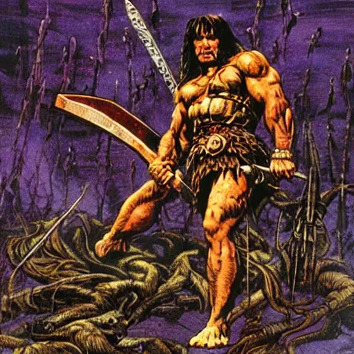 Image similar to “ conan the barbarian holds a battle axe up to a giant spider, with red eyes ” val semeiks, barry windsor smith, john buscema, ernie chan, earl norem.