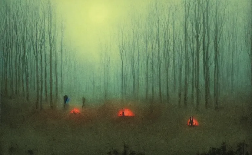 Image similar to people camping in a forest of nightmares by Beksinski, 4k, masterpiece