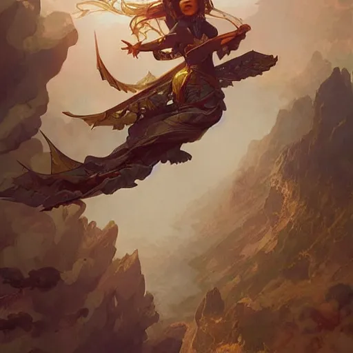 Image similar to plane on the sky d & d fantasy intricate elegant highly detailed digital painting artstation concept art matte sharp focus illustration hearthstone art by artgerm art by greg rutkowski, art by alphonse mucha