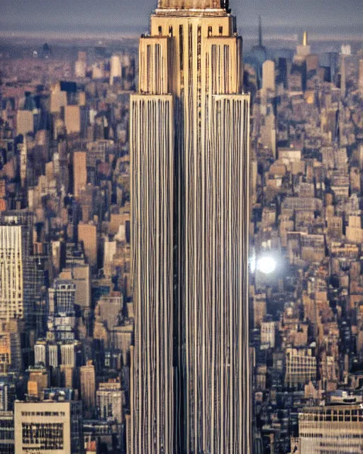 Prompt: a high definition photograph of the Moon inside the Empire State Building