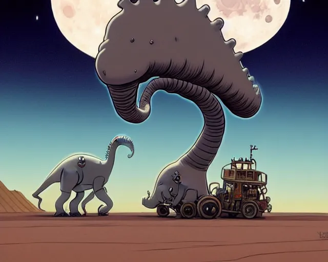 Image similar to a cell shaded cartoon giant grey lovecraftian mechanized brontosaurus from howl's moving castle ( 2 0 0 4 ), with a big head, on a desert road, wide shot, in front of a big moon, muted colors, post grunge, josan gonzales, wlop, by james jean, victor ngai, hq, deviantart, art by artgem