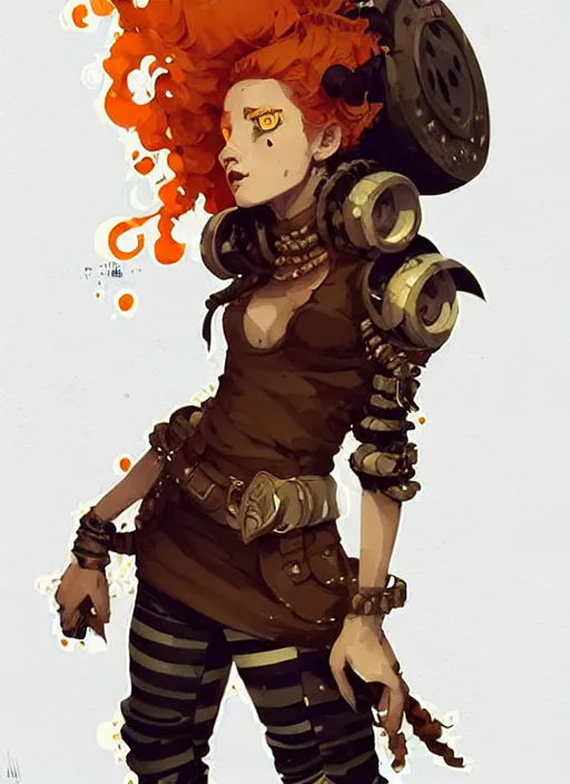 Image similar to highly detailed portrait of a sewer punk lady paladin, tartan vestments, curly blonde hair by atey ghailan, by greg rutkowski, by greg tocchini, by james gilleard, by joe fenton, by kaethe butcher, gradient, orange, black, brown and cream color scheme, grunge aesthetic!!! white graffiti tag wall background
