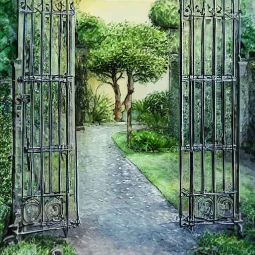 Image similar to delicate, chairs, garden, paved, botanic watercolors, iridescent, 8 k, realistic shaded, fine details, artstation, italian, iron gate, tree, mediterranean, marvelous