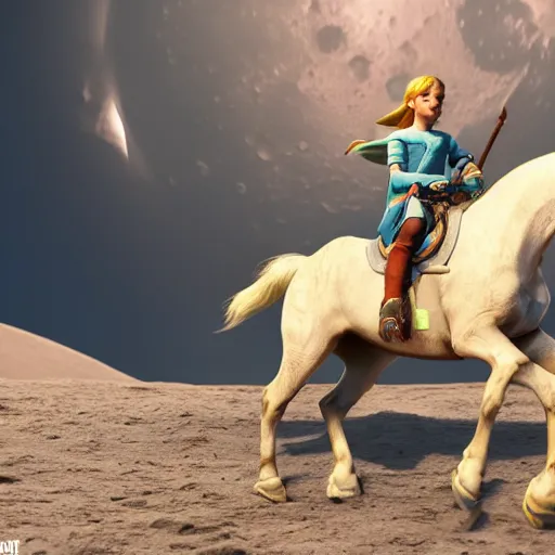 Image similar to zelda riding a horse on moon, hyper realistic, 4 k octan render, unreal 5