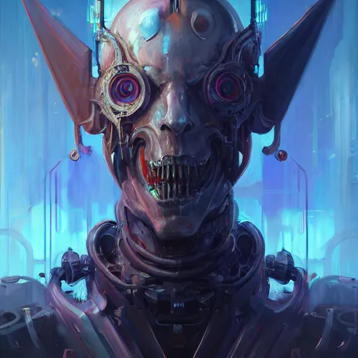 Image similar to portrait of a cybernetic duke of hell, cyberpunk concept art by pete mohrbacher and wlop and artgerm and beksinski and josan gonzalez and syd mead and giger, digital art, highly detailed, intricate, sci-fi, sharp focus, Trending on Artstation HQ, deviantart, volumetric lighting, unreal engine 5, 4K UHD image