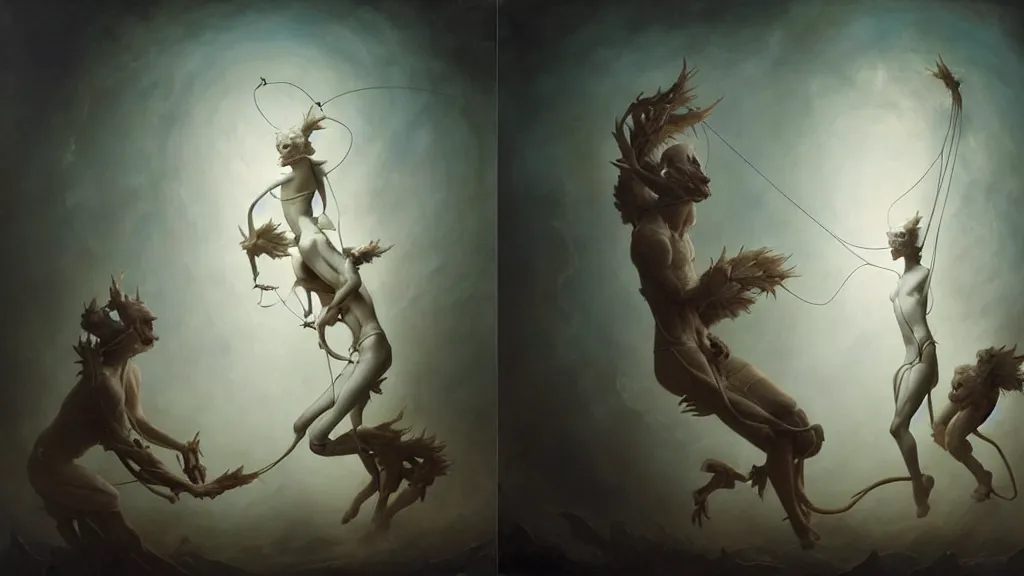 Image similar to people tethered and sewn to each other, in the style of peter mohrbacher by weta digital and beth cavener, high face symmetry, intricate, masterpiece, award winning, high face symmetry, intricate