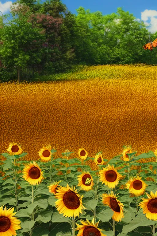 Prompt: butterflies in the foreground, sunflowers in the background, closeup view, scenery wallpaper aesthetic, beautiful, cinematic, dramatic, super detailed and intricate, hyper realistic, 4 k render, by satoshi kon