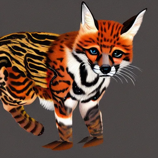 Image similar to a digital painting of an ocelot and fox hybrid