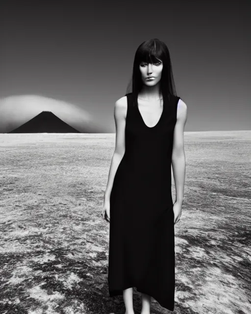 Image similar to high fashion photography of an elegant chic young woman model with cropped bangs and long straight hair, she is wearing a minimalist simple dress, intense expression, at the edge of an active volcano caldera spewing magma, by Steven Meisel and Chris Cunningham