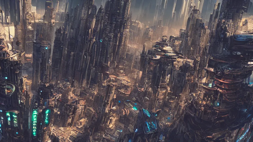 Image similar to epic grandiose cyberpunk city built underwater, fantasy, futuristic,, hyperrealistic, highly detailed, 4 k hd