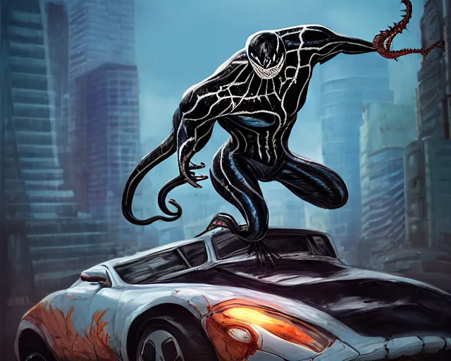 Prompt: A realistic Venom standing on top of a wrecked car in the city, open arms art by Jason Chan and Gerardo Sandoval, trending on artstation, Ultra detailed, hyper realistic, cinematic lighting