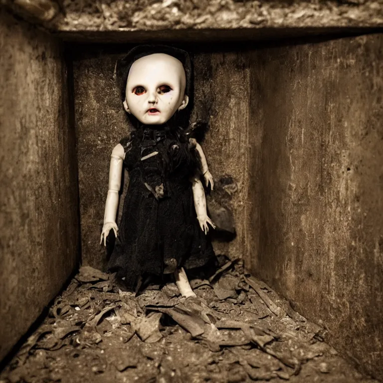 Prompt: dark photograph of horror doll in basement