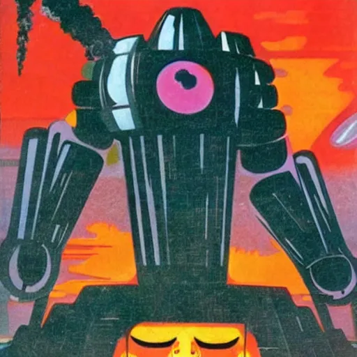 Image similar to giant robot smashing future city in flames, 1 9 6 0 s vintage sci - fi art, by jack gaughan