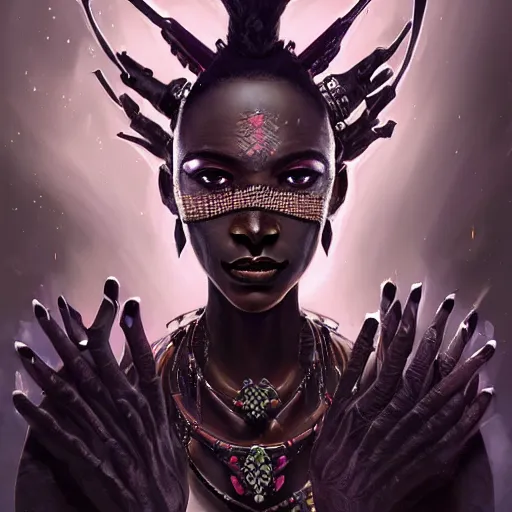 Image similar to a dark and ominous african queen with glowing eyes, a black diamond in her forehead, and jewelry made of bones, magic circles, magic vortex, Apex Legends character digital illustration portrait design, by android jones and greg rutkowski in a cyberpunk voodoo style, detailed, cinematic lighting, wide angle action dynamic portrait