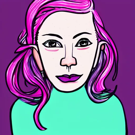 Prompt: illustration of a woman with pink hair and purple eyebrows in the style of natalie foss