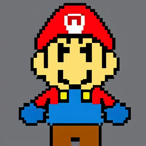 Prompt: Super Mario with pizza for eyes, 8-bit digital art