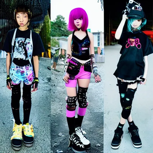 Prompt: fruits magazine steetwear photo of chaotic cute cool rocker fashion worn by teens teens in the far future, futuristic!!! haute couture fashion!!!!