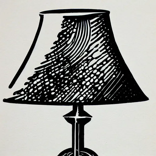 Prompt: lamp, linocut, tones of black, dot