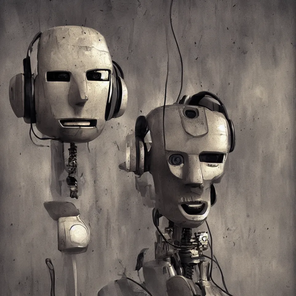 Image similar to robot with a headphone by ben templesmith, dynamic lighting, cinematic, epic composition, masterpiece