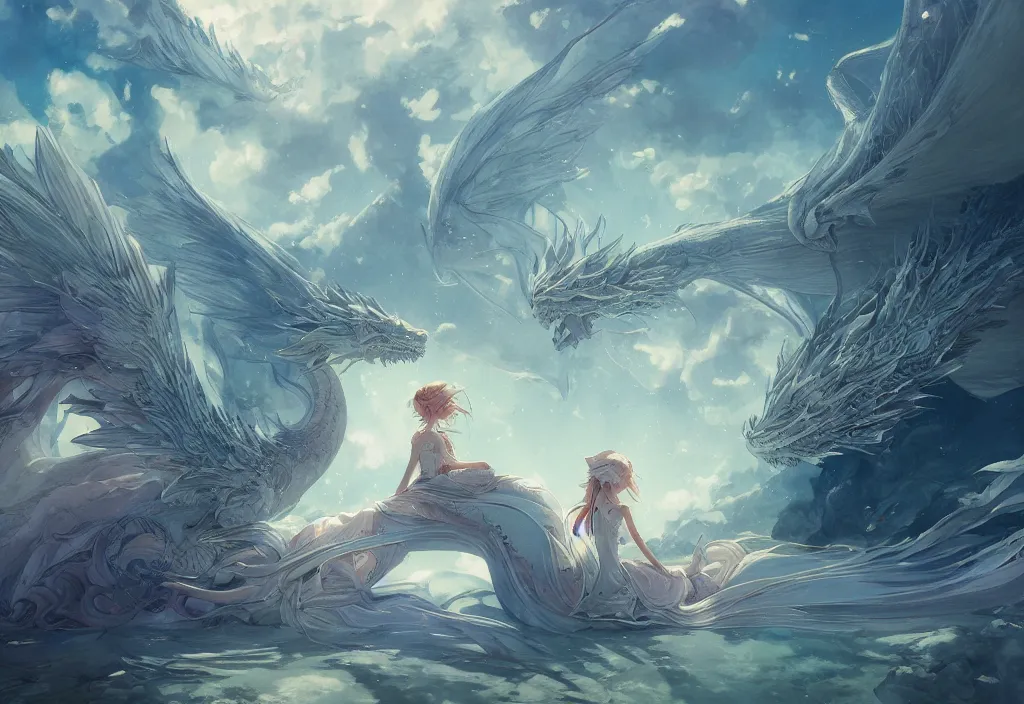 Image similar to the beautiful hyper detailed scene render that a lonely single beautiful girl lies in the arms of a huge silver dragon alone in the fairyland surrounded by white clouds, in the style of makoto shinkai victo ngai and peter mohrbacher studio ghibli artgerm karol bak beeple, cinematic, beautiful dream, ultra wide angle, animation style, 8 k hd