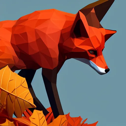 Prompt: super detailed long lowpoly fox standing on hyper detailed lowpoly autumn leaves