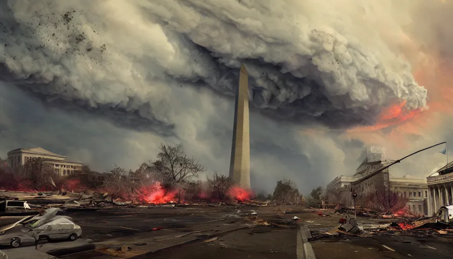 Prompt: found footage style of tornado destroying washington dc, ashes, destruction, fire, hyperdetailed, artstation, cgsociety, 8 k