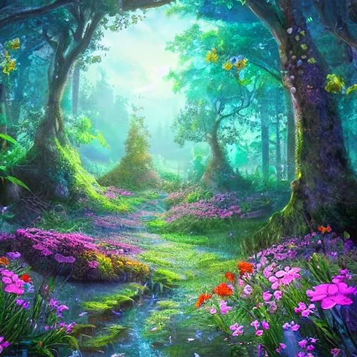 Image similar to An enchanted forest, colorful flowers, pathway, reflection, moonlight, fantasy scene, clear sky, illustration, depth of field, ruins, soft light, high definition, detailed, 8k, Artstation, fantasy art