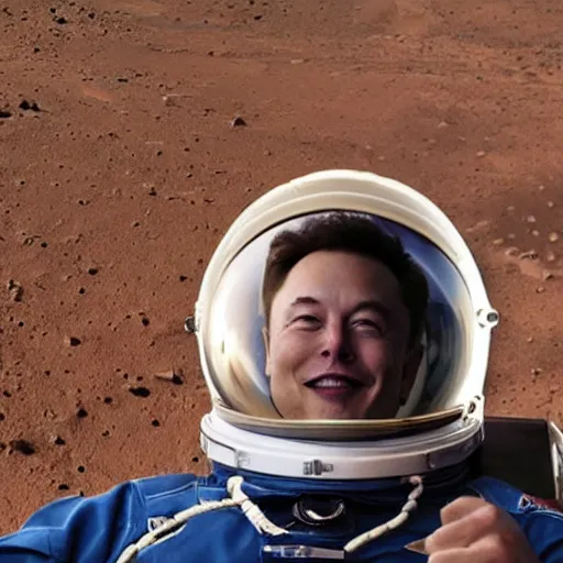 Prompt: Elon Musk on Mars, photo, happy, smoking blunt, happy, smoking, portrait, centered, in spacesuit, detailed, close up, 2040