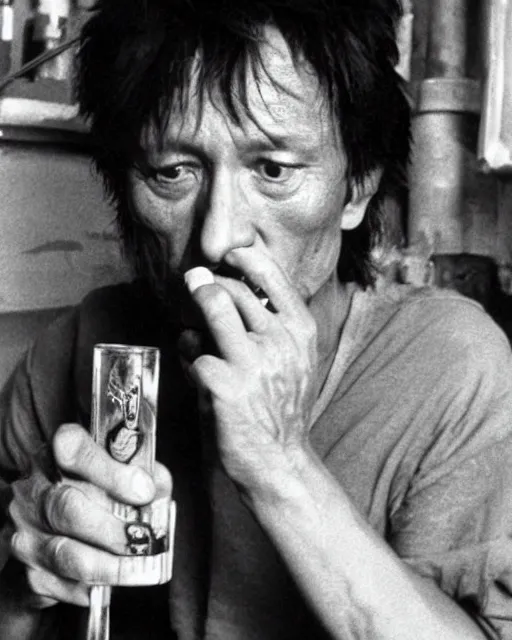 Prompt: sixty years old viktor tsoi drink vodka, bottle of vodka, bread, sad look, smoking cigarette, color photo, in the style of documentary journalism, close up photo, kodak gold