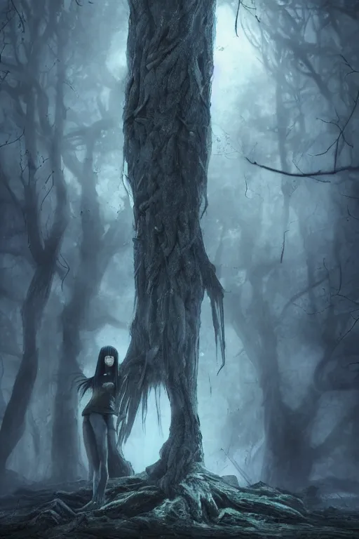 Image similar to plasma body, anime spectral female character, emerge from big old creepy tree, mist aura, black eyes melt, full body portrait, photorealistic, volumetric lighting, octane rendering, dark and mysterious, atmospheric, ominous, creepy, cinematic, real, concept art, Epic, 8k, 4k, ultra detail, ultra realistic, trading art station, rendered by awesomeness