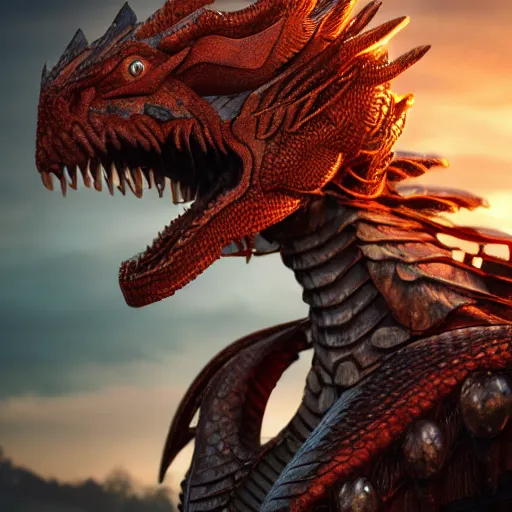 Image similar to a highly detailed close up of a beautiful majestic anthropomorphic robot female dragon, with smooth and streamlined armor, standing and posing elegantly on a beach, well detailed head, with sharp claws on her hands and feet, two arms, two legs, long tail, artstation, DeviantArt, professional, octane render, sunset lighting