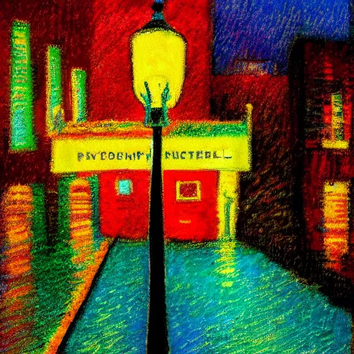 Prompt: streetlamp, rainy, night, kandinsky, impressionist, pastel, high contrast