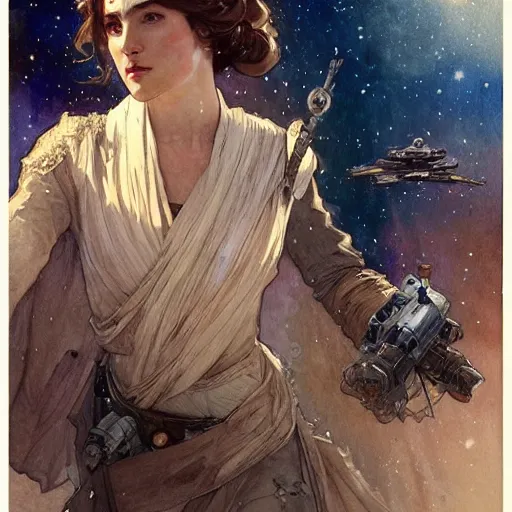 Image similar to a beautifull intricate watercolour painting of star wars scene, reflexions, verry high details by william turner art, greg rutkowski and alphonse mucha, trending on artstation, very very detailed, masterpiece, muted colors