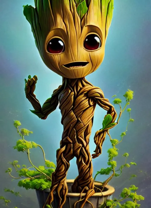 Prompt: cute baby groot, natural lighting, path traced, highly detailed, high quality, digital painting, by don bluth and ross tran and studio ghibli and alphonse mucha, artgerm