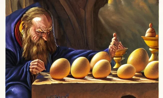 Image similar to Pensive Wizard examines eggs with calipers, by Alex Horley