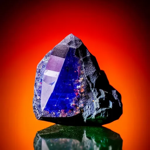 Image similar to a mineral rock, in a dark studio room. Photography of rare minerals. Tanzanite, Red Beryl, Bixbite, Red Emerald, Scarlet Emerald, Opal, Quartz, Elbaite, Calcite, Kunzite. in the style of artgerm.