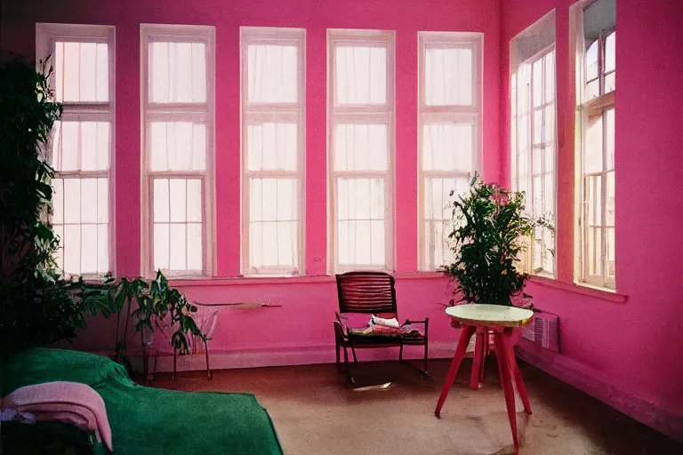 Image similar to film photography from 7 0 s, pink house with many windows, soft light, golden hour, in style of joel meyerowitz