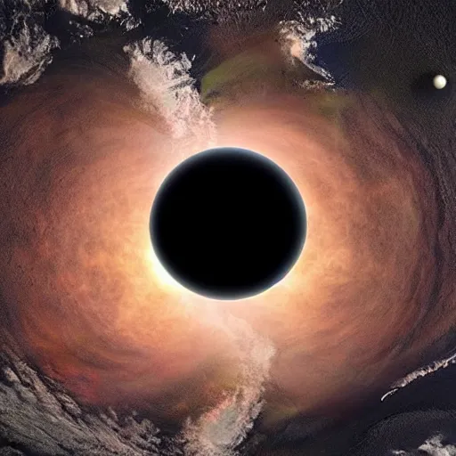 Prompt: landscape image : earth seen from space looking into a mirror reflecting a sphere resembling a black hole.