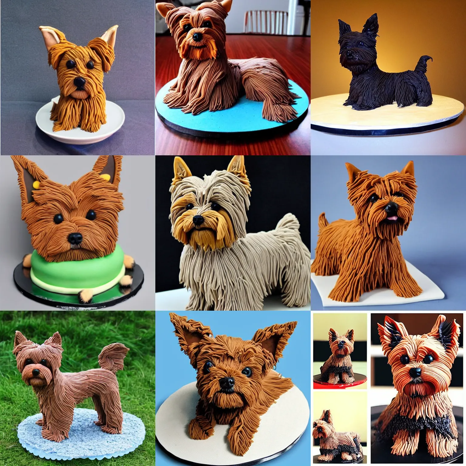 Prompt: a beautiful sculpture of a very cute yorkshire terrier made out of cake.