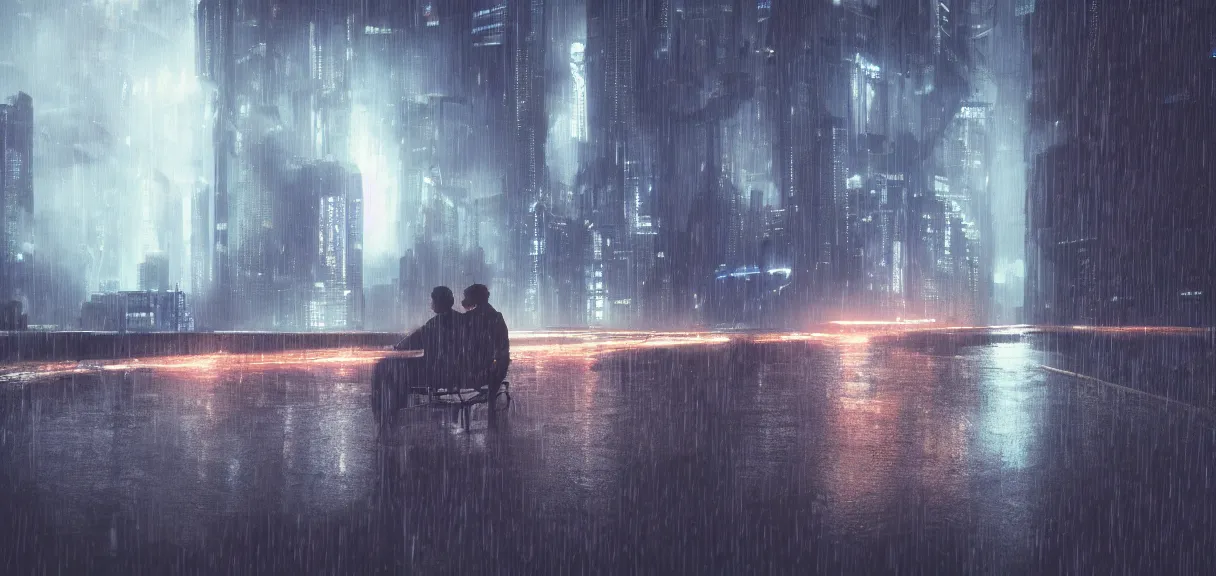 Image similar to shot of the roof with single man sitting on the edge during rain, below impressive cyberpunk night city during great rainy storm with lightning, nightscape, futuristic architecture, realistic photo, neons, blade runner, akira style, cinematic lighting, cinematic angles