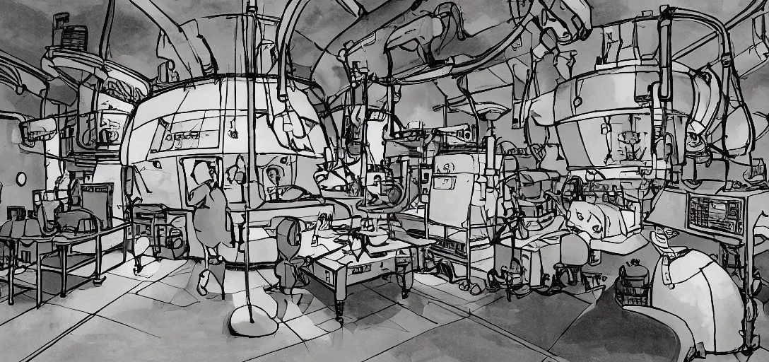 Prompt: A dimly lit lab with a prototype of a fusion reactor sitting in the center of the room, art by Hayao Miyazaki, art by Studio Ghibli, anime style