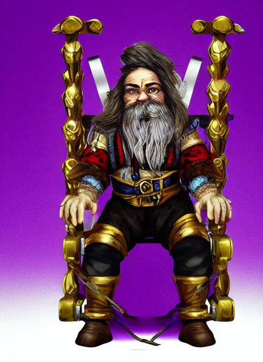Prompt: dwarf fighter sitting in mechanical chair that has spider legs, gold and purple, exquisite details, black beard, white background, by studio muti