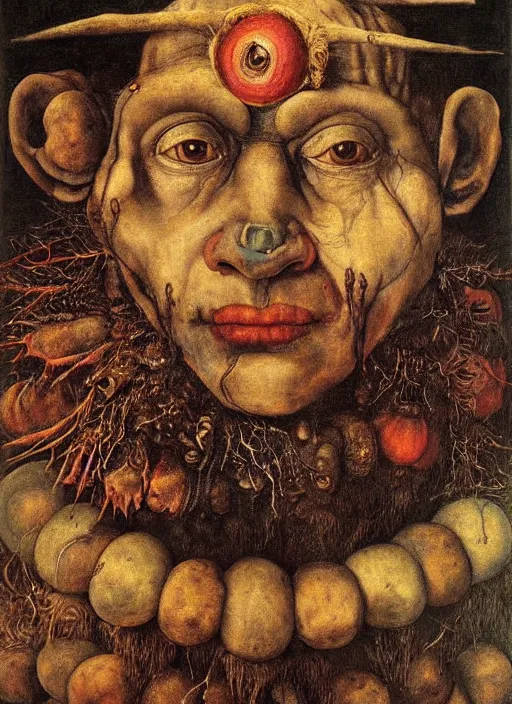 Image similar to a surreal painting of a shaman's face, by Giuseppe Arcimboldo, Dante's inferno, symbolist, soft colors, dramatic lighting, smooth, sharp focus, extremely detailed, aesthetically pleasing composition