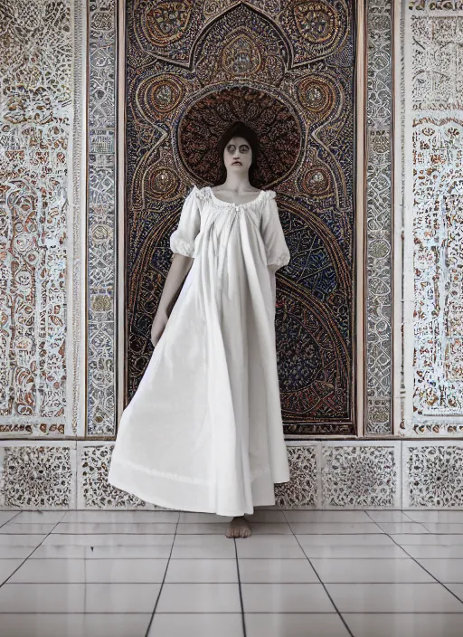 Prompt: a full body portrait of a woman wearing an billowing doily dress, inside a white iranian marble temple, in the style of irakli nadar, soft lighting, film photography, face in the style of irakli nadar