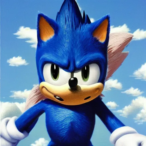 Prompt: sonic the hedgehog, painted by rene magritte, highly detailed