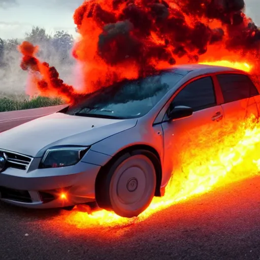 Prompt: photograph of a car right as it explodes, 1,000,000fps camera, 4k