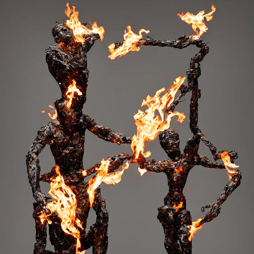 Image similar to a stunning hyper realist sculpture of a fractured man, made of iron rods, porcelain and flames. gravity defying and potentially lethal. 3 5 mm film iso 1 6 0 0 bright gallery lighting a million dollars in diamonds