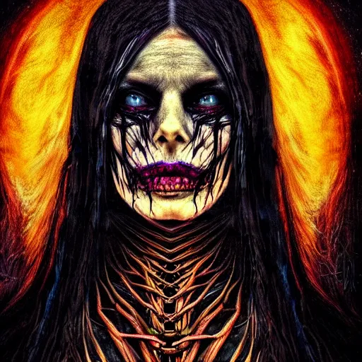 Image similar to full body portrait, a highly detailed witch, magic, night, extremely high detail, death, fear, horror, realistic, masterpiece, saturated colors, tangled, ripped flesh, by giger, perfect faces, fine details